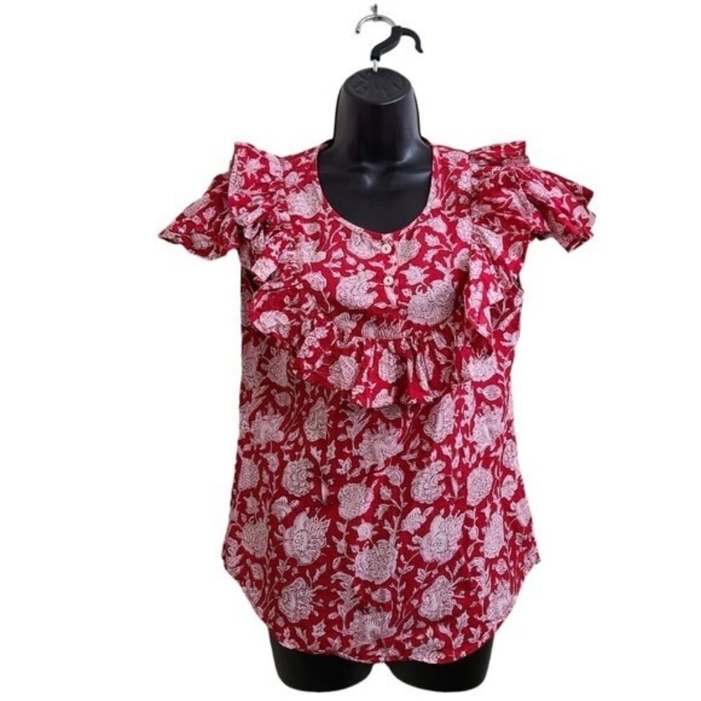 Mille Resort & Travel Red Zinnia Floral Short Sleeve Shirt S